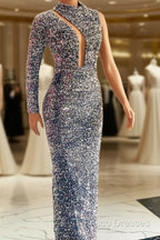 Silver Mermaid Sequin Formal Prom Dress One Shoulder