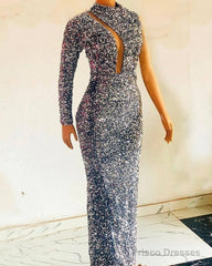 Silver Mermaid Sequin Prom Dresses One Shoulder