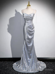 Silver Mermaid Sequins Spaghetti Straps Pleats Prom Dress
