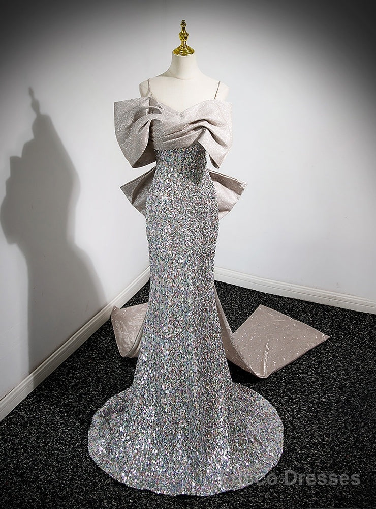 Silver Mermaid Sequins Spaghetti Straps Prom Dress With Bow Main image