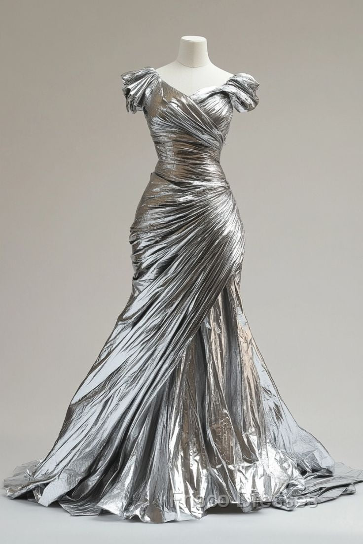 Silver Mermaid V-Neck Long Formal Prom Dress Simple Simple Formal Even