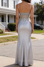 Silver Pleated Sheer Long Corset Satin Prom Dress