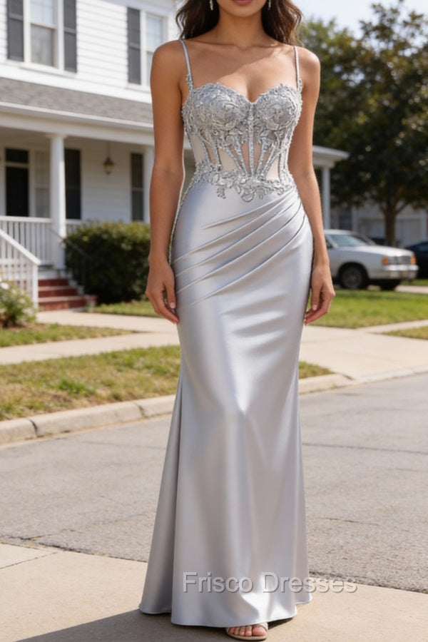 Silver Pleated Sheer Long Corset Satin Prom Dress Main image