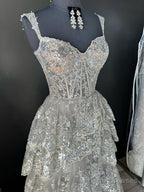 Silver Princess A Line Off the Shoulder Corset Prom Dress with Lace Ruffles