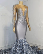 Silver Rosette Long Sleeve Mermaid Formal Prom Dress
