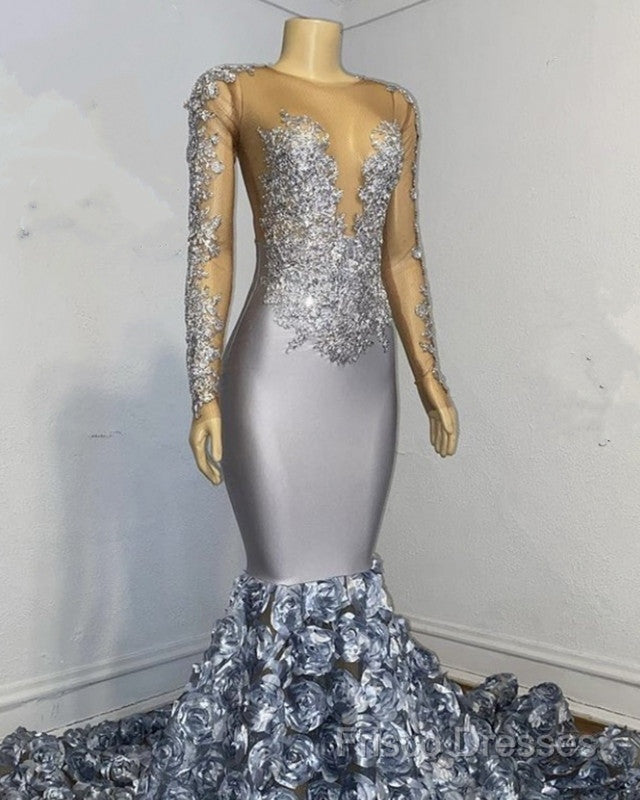 Silver Rosette Long Sleeve Mermaid Formal Prom Dress