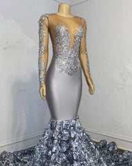 Silver Rosette Long Sleeve Mermaid Prom Dresses