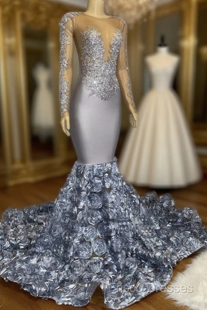 Silver Rosette Long Sleeve Mermaid Formal Prom Dress Main image