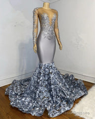 Silver Rosette Long Sleeve Mermaid Prom Dresses