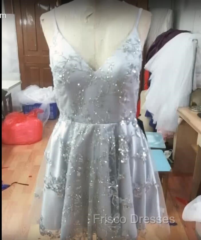 Silver Sequin Lace V Neck Tulle Homecoming Dress Short Formal Prom Gowns