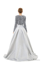 Sequined Satin A Line Front Slit V Neck Full Sleeve Sweep Train Long Prom Dresses