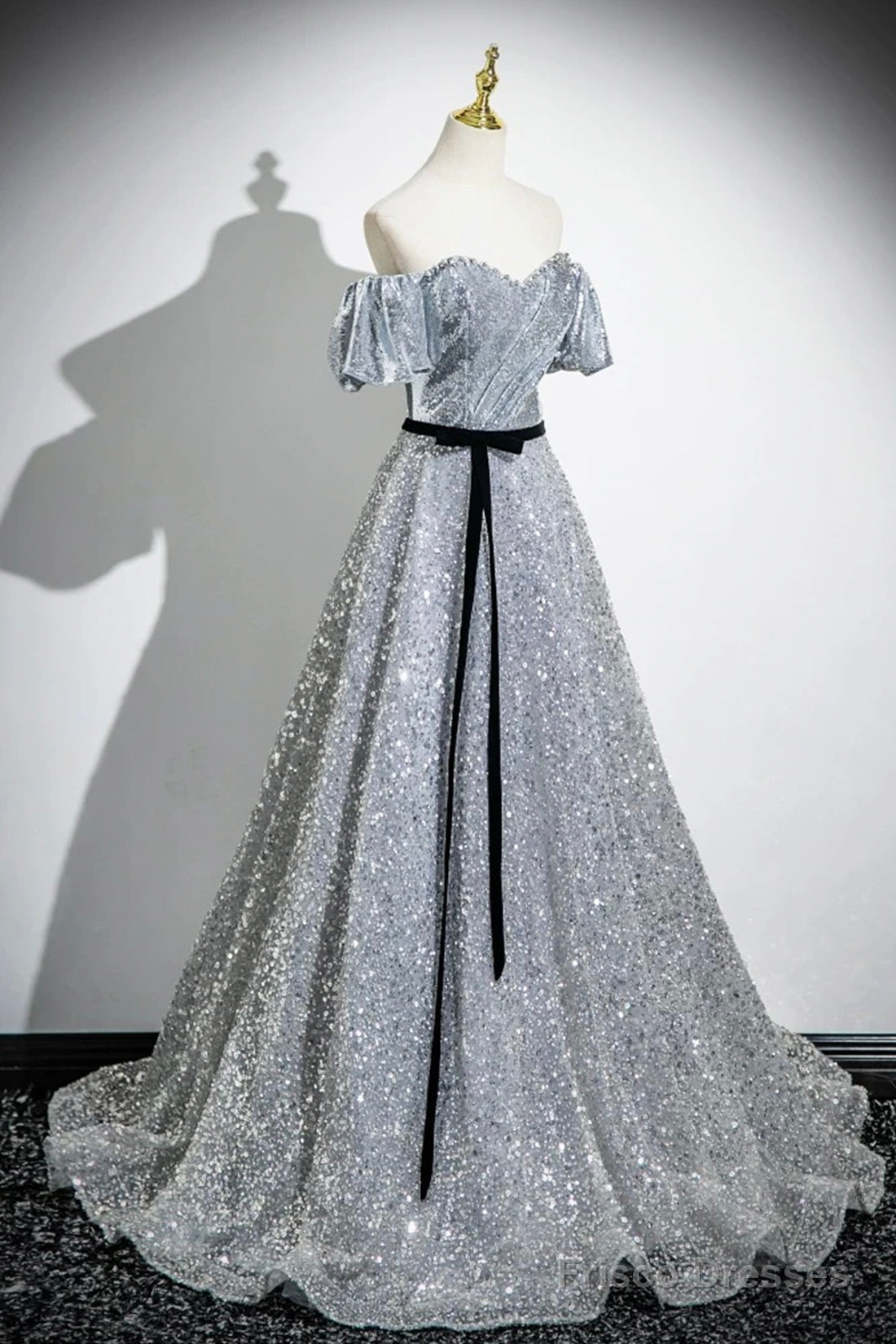 Silver Sequins Floor Length Short Sleeve Prom Dress, Sparkly A-Line Off The Shoulder Party Dress Secondary image