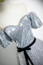 Silver Sequins Floor Length Short Sleeve Prom Dress, Sparkly A-Line Off The Shoulder Party Dress