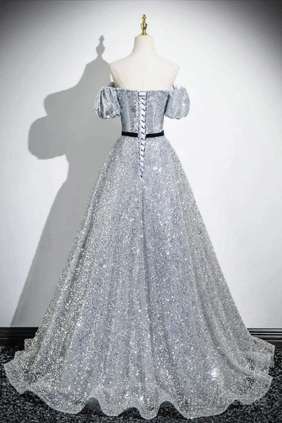 Silver Sequins Floor Length Short Sleeve Prom Dress, Sparkly A-Line Off The Shoulder Party Dress