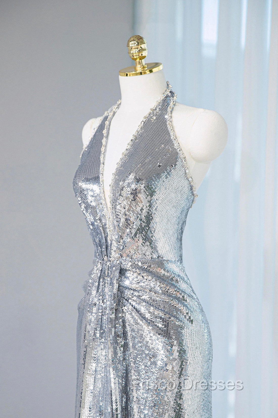 Silver Sequins Long Formal Prom Dress, Shiny V-Neck Evening Party Dress Secondary image