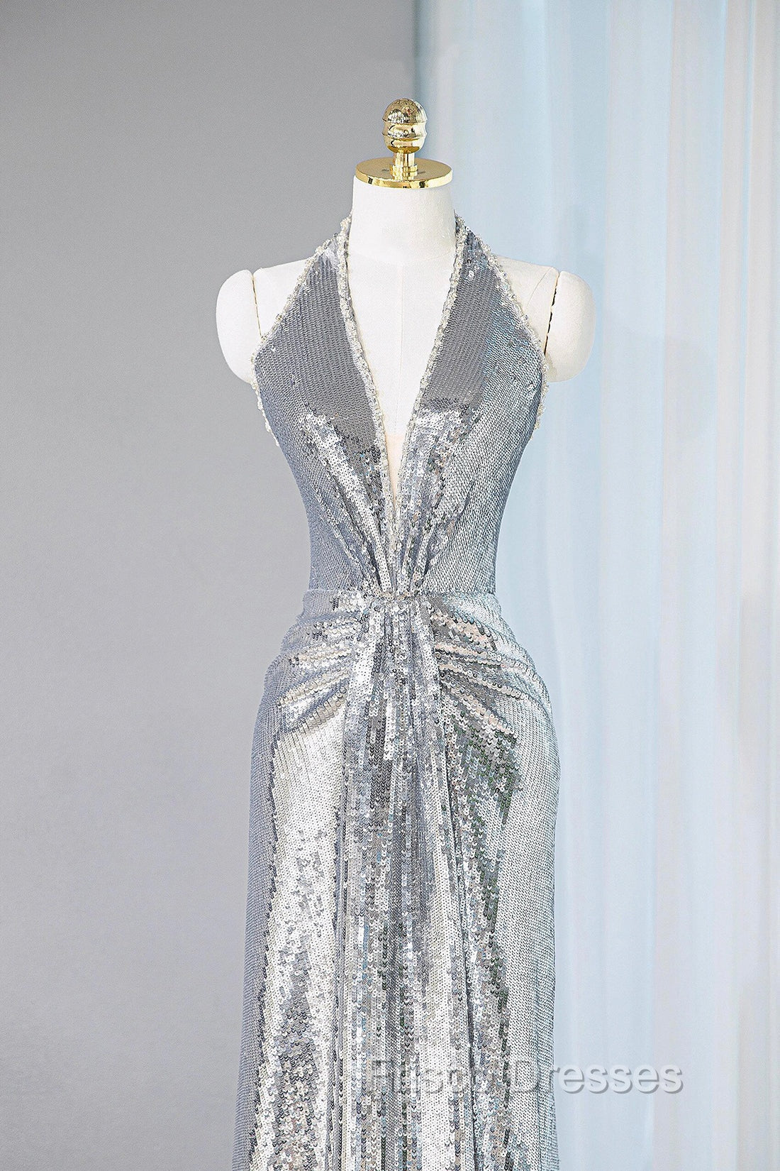 Silver Sequins Long Formal Prom Dress, Shiny V-Neck Evening Party Dress