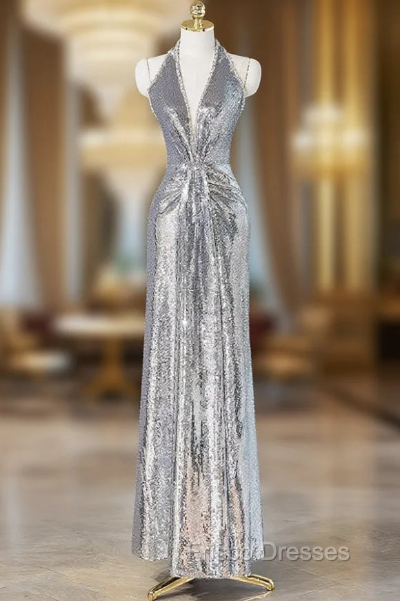Silver Sequins Long Formal Prom Dress, Shiny V-Neck Evening Party Dress Main image
