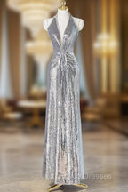 Silver Sequins Long Formal Prom Dress, Shiny V-Neck Evening Party Dress