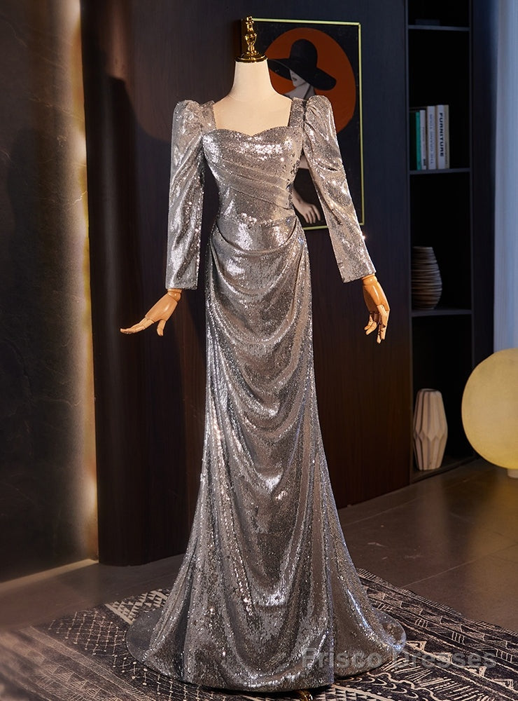 Silver Sequins Long Sleeve Pleats Prom Dress Main image