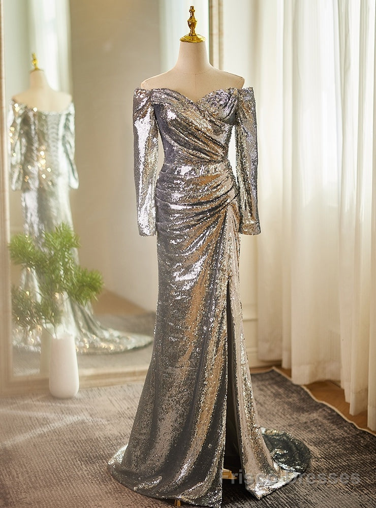 Silver Sequins Long Sleeve Split Prom Dres Main image