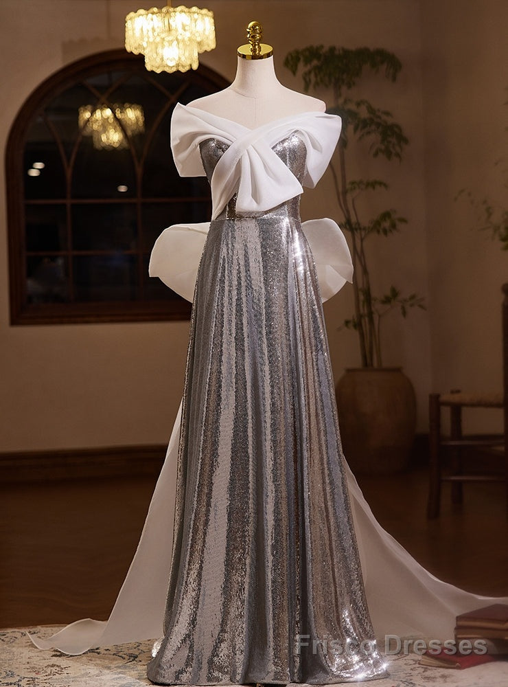 Silver Sequins Off the Shoulder Prom Dress With Bow Main image