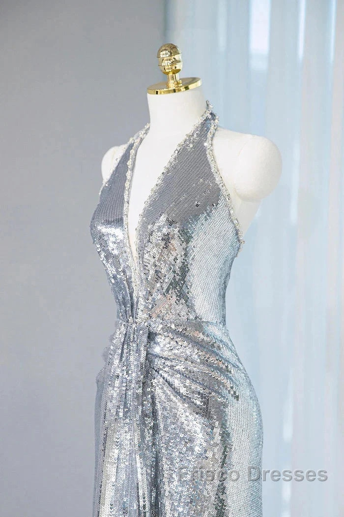 Silver Sequins Sheath V-Neck Long Formal Prom Dress Shiny Evening Dress