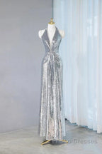 Silver Sequins Sheath V-Neck Long Formal Prom Dress Shiny Evening Dress