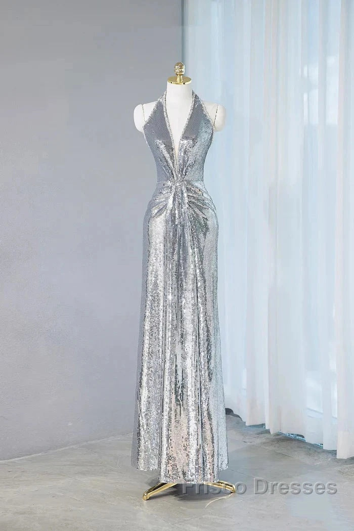 Silver Sequins Sheath V-Neck Long Formal Prom Dress Shiny Evening Dress
