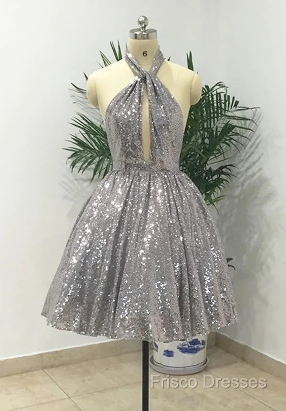 Silver Sexy Halter Sequined Backless Short Homecoming Dress, Sparkly Party Dress Secondary image