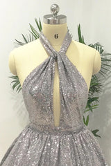 Silver Sexy Halter Sequined Backless Short Homecoming Dress, Sparkly Party Dress