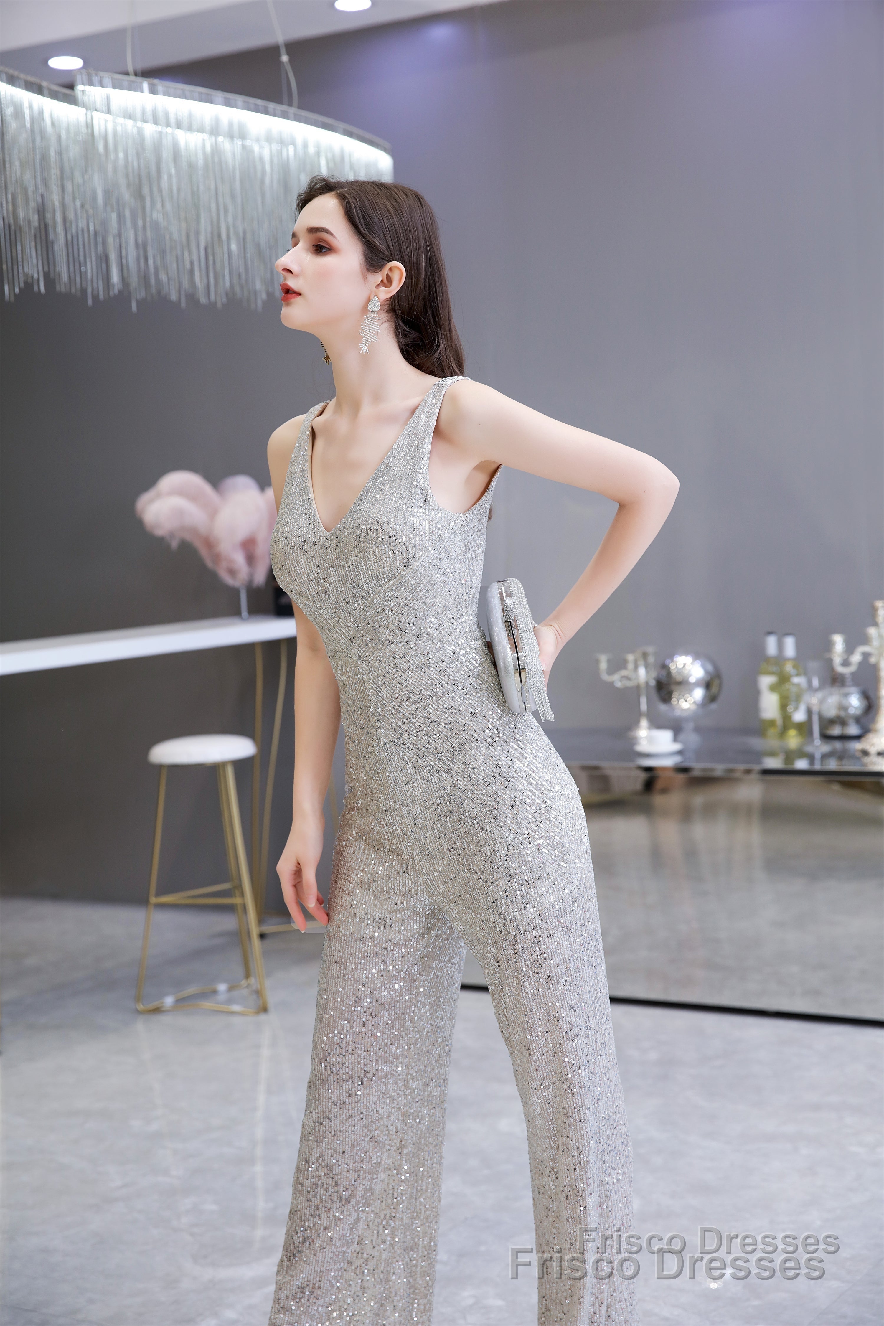 Shining V-neck Sequin Sleeveless Prom Jumpsuit