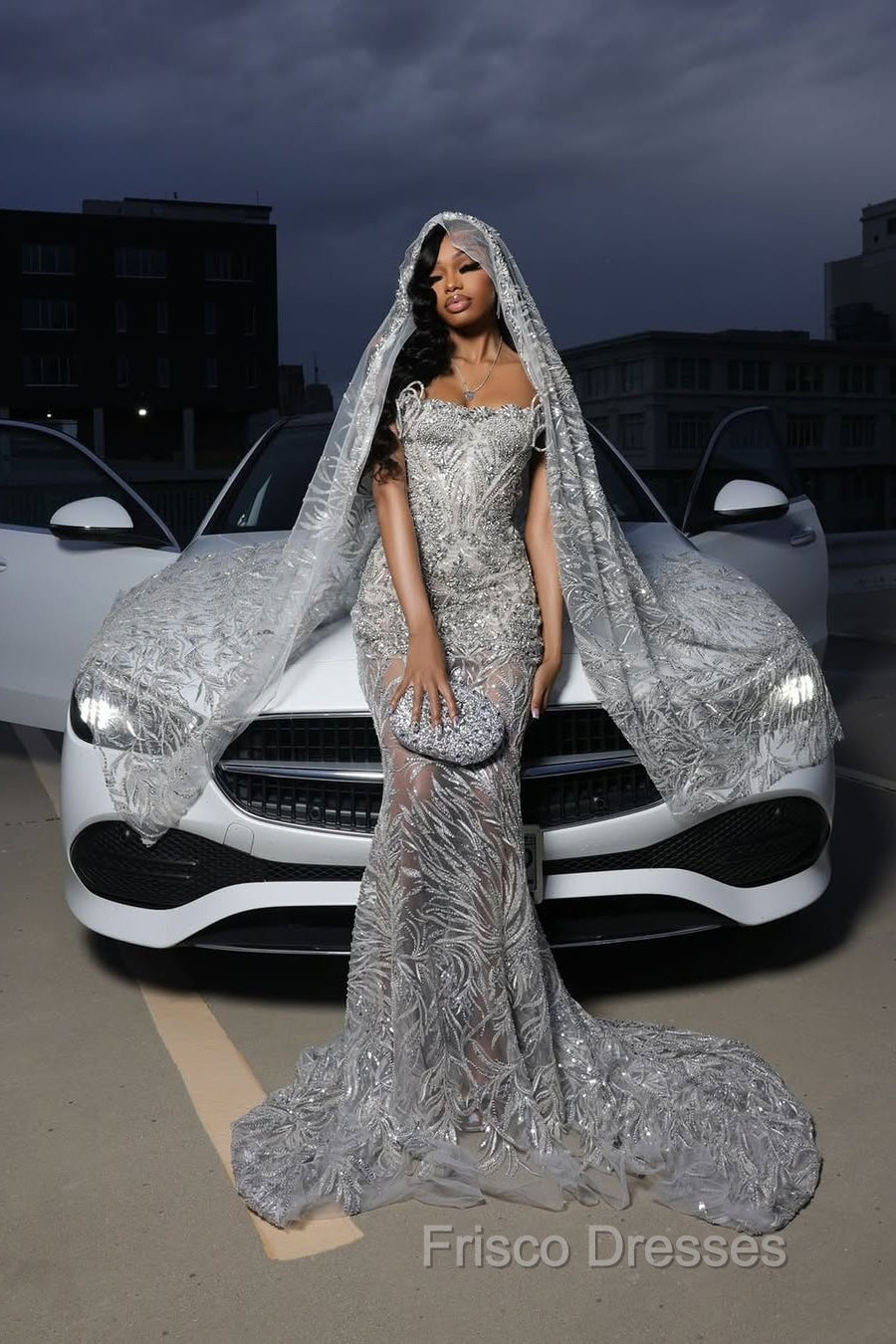 Silver Sparkle Beaded Mermaid Court Train Sweetheart Sleeveless Prom Dresses Secondary image