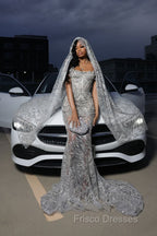 Silver Sparkle Beaded Mermaid Court Train Sweetheart Sleeveless Prom Dresses