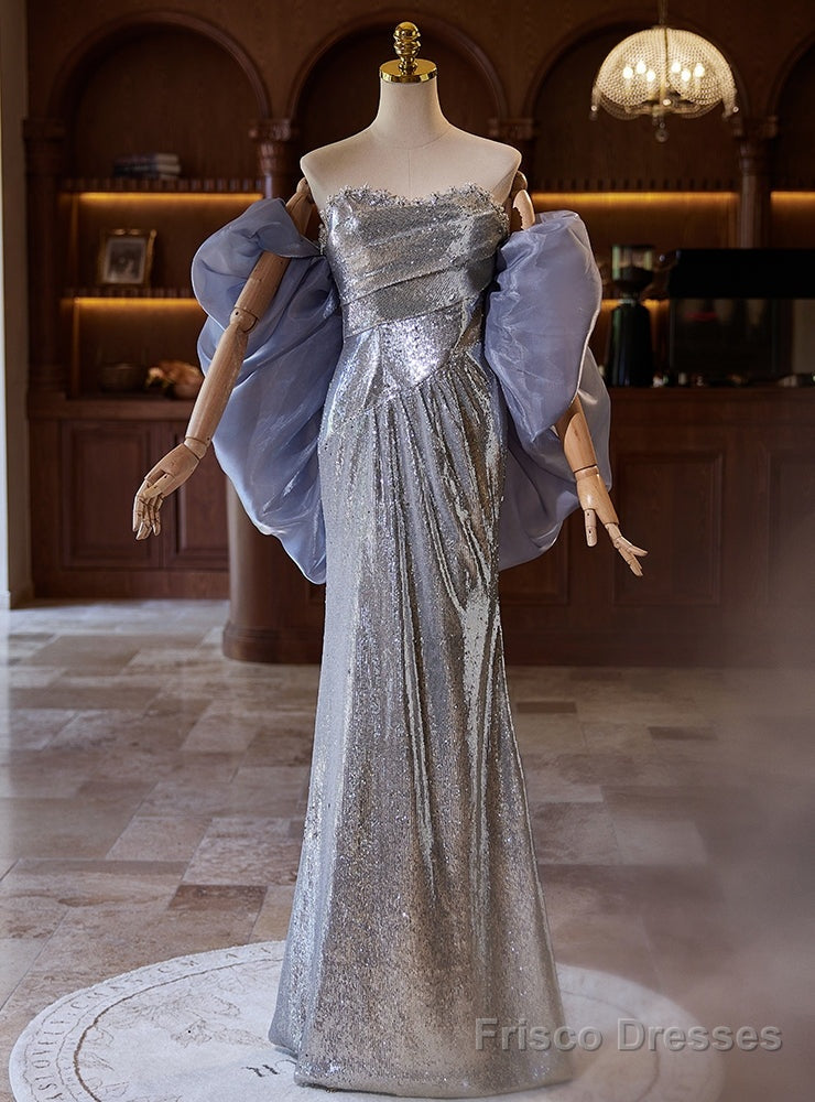 Silver Strapless Sequins Pleats Prom Dress Main image