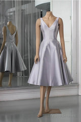 Silver V-Neck Satin Midi Dress