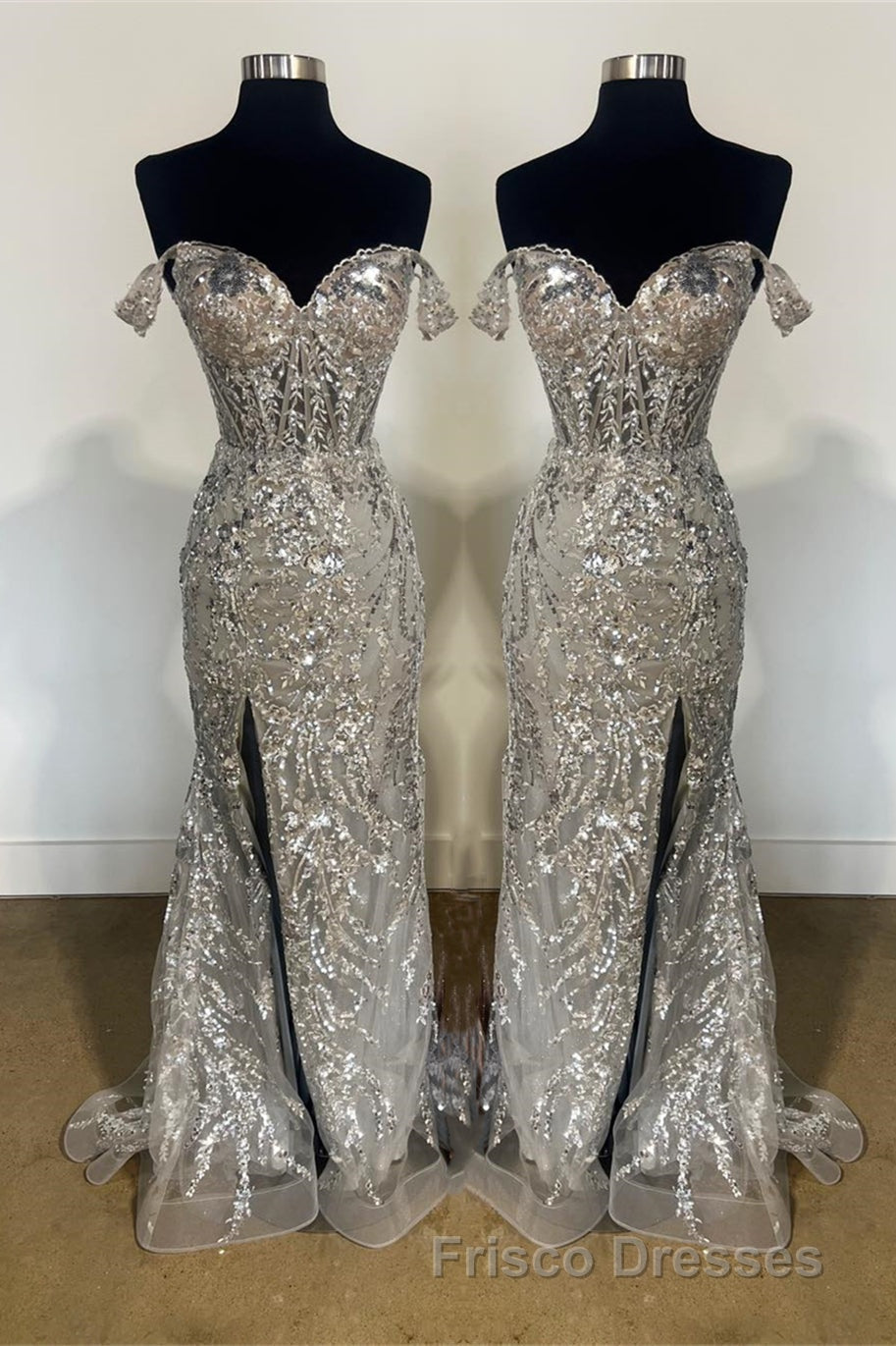 Fuchsia Off-Shoulder Sequined Floral Mermaid Long Formal Prom Dress with Slit