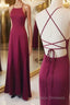 Simple A Line Backless Burgundy Satin Long Formal Prom Dresses, Burgundy Formal Dresses, Burgundy Evening Dresses