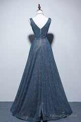 Simple  A-Line Blue Long Prom Dress, Blue Formal Dresses