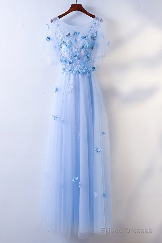 Simple A-Line Blue Tulle With Lace Applique, Blue Floor Length Prom Dress Secondary image