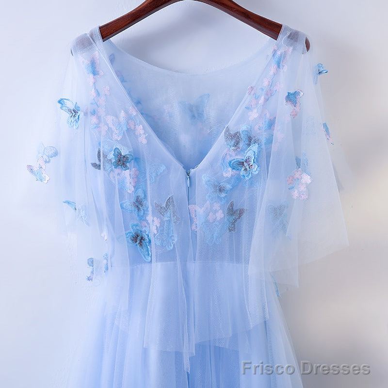 Simple A-Line Blue Tulle With Lace Applique, Blue Floor Length Prom Dress