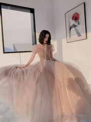 Simple A Line Champagne Tulle Prom Dresses Evening Dress