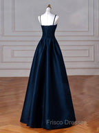 Simple A-Line Dark Blue Satin Long Formal Prom Dress, Dark Blue Long Formal Dress