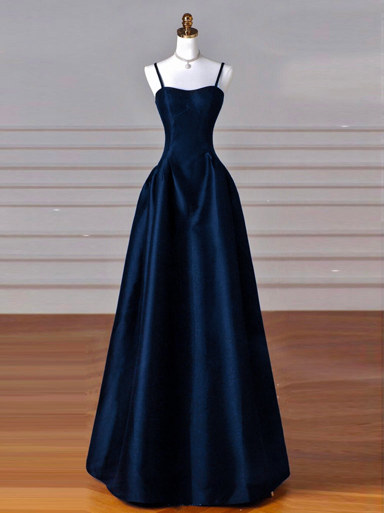 Simple A-Line Dark Blue Satin Long Prom Dress, Dark Blue Long Formal Dress Main image