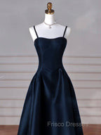Simple A-Line Dark Blue Satin Long Formal Prom Dress, Dark Blue Long Formal Dress