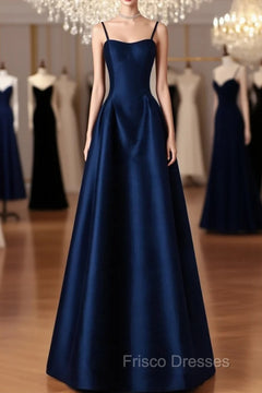 Simple A-Line Dark Blue Satin Long Formal Prom Dress, Dark Blue Long F