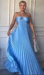 Simple A Line Halter Blue Sleeveless Long Prom Dress Formal Evening Dresses