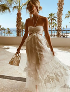 Simple A Line Halter Tulle Champagne Long Prom Dresses