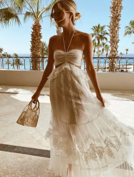 Simple A Line Halter Tulle Champagne Long Prom Dresses