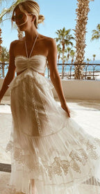 Simple A Line Halter Tulle Champagne Long Prom Dresses