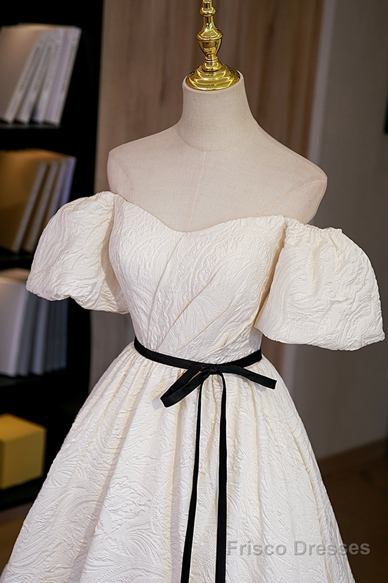 Simple A-Line Jacquard Fabric Long Prom Dress, Off the Shoulder Evening Dress Secondary image